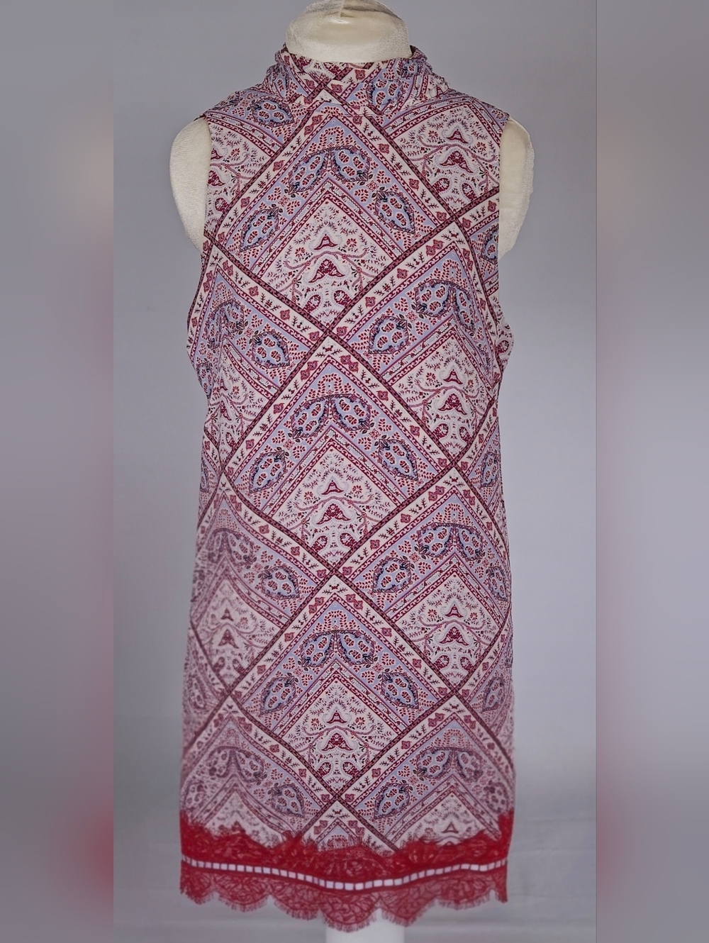 Refashioned Geometric Print Mini Shift Dress with Lace Hem